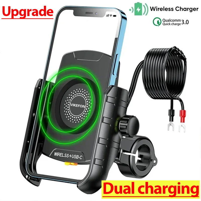 VIKEFON Motorcycle Phone Holder Mount Wireless Charger Moto Motorbike Mirror Stand Support USB Fast Charging Cellphone Handlebar