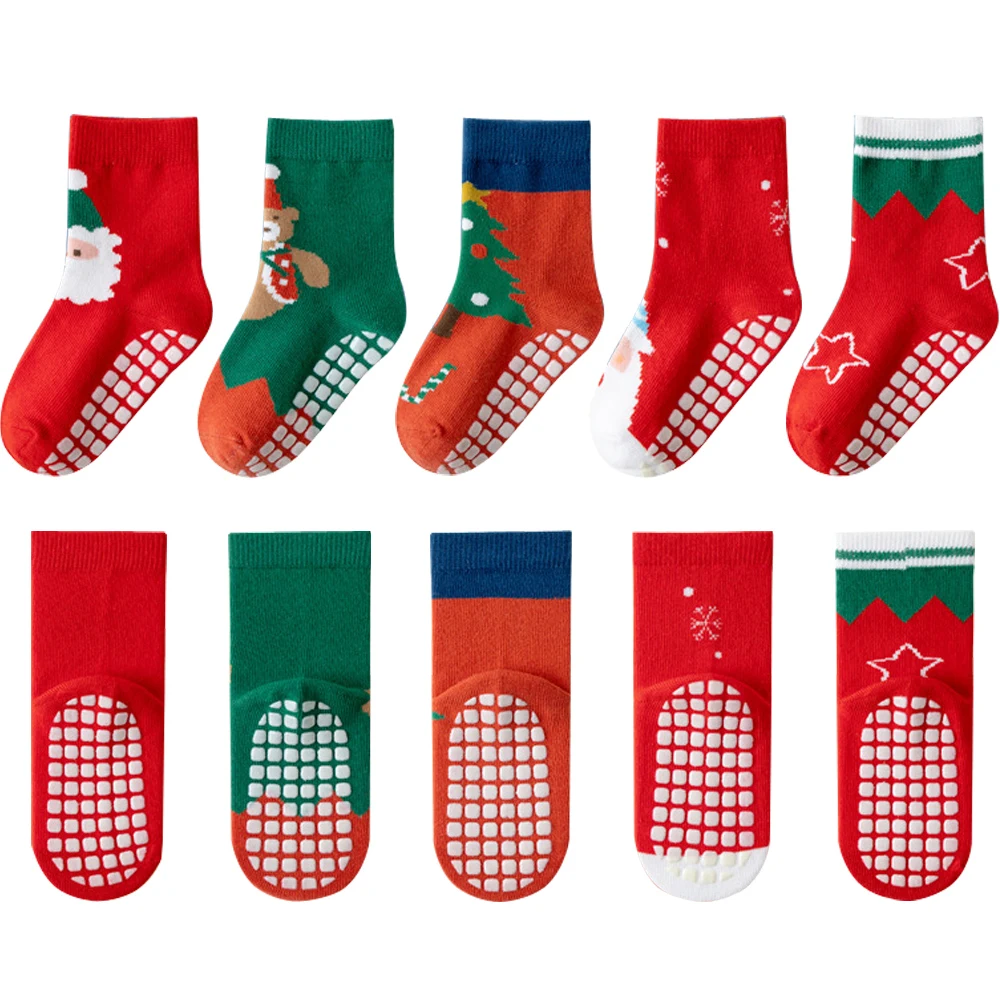 1/5 Pairs Christmas Kids Cotton Socks Sets for Baby Girls Boys 2026 New Non-slip Cute Cartoon Santa Claus Baby Xmas Floor Socks