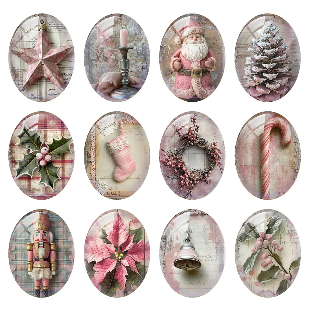 

10pcs/lot Pink Christmas X-mas Pinecone Cane Candy Santa Tree Oval Photo Glass Cabochon Flatback Demo Cameo Diy Jewelry Making