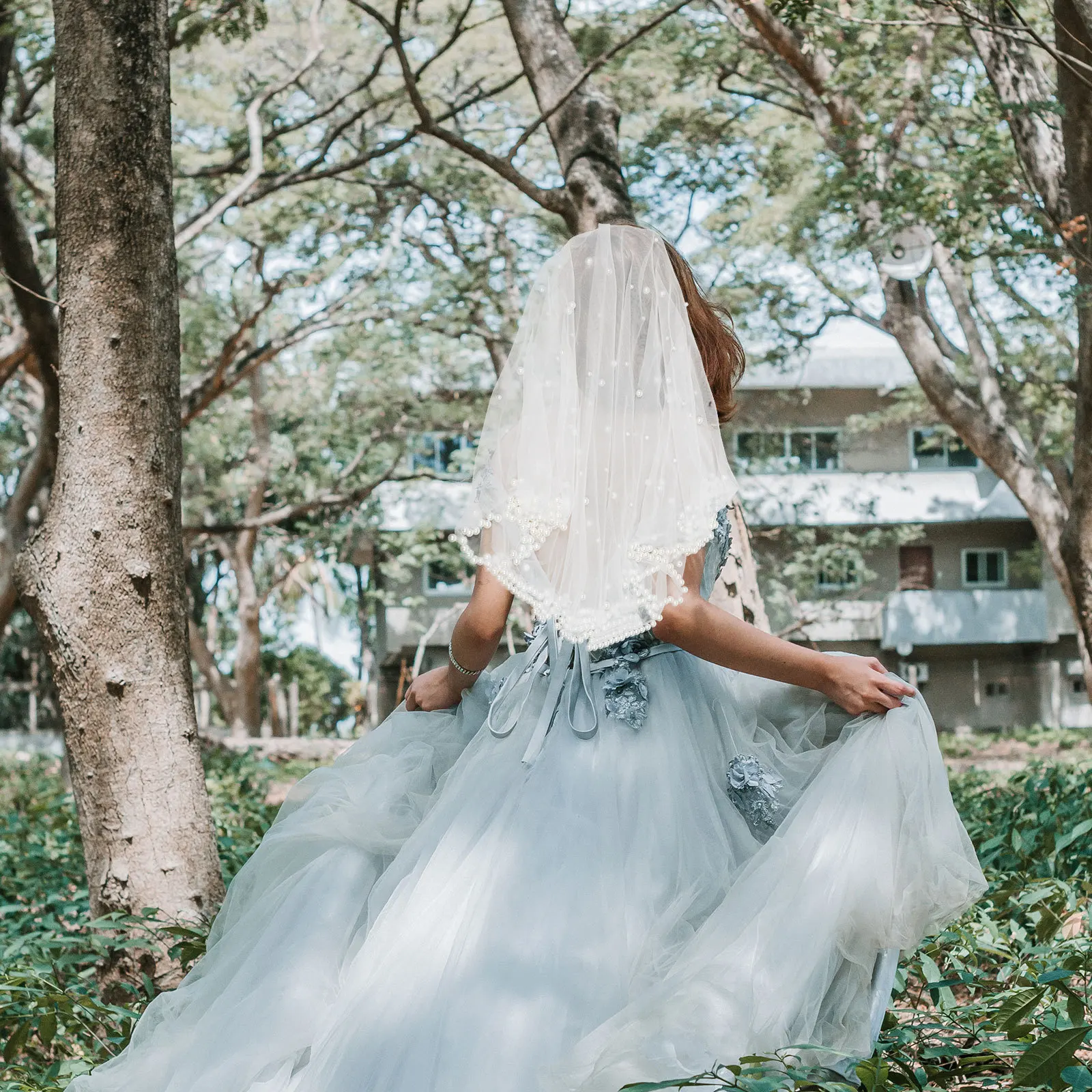 

Bridal Veil Beige Pearl Detailing No Comb Design Mesh Tulle Comfortable Breathable Wedding Headpiece Bachelorette Party Favor