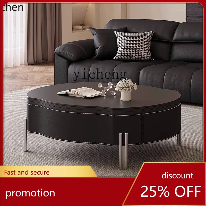 

HXL black rock slab saddle leather coffee table household retractable rotating multifunctional coffee table