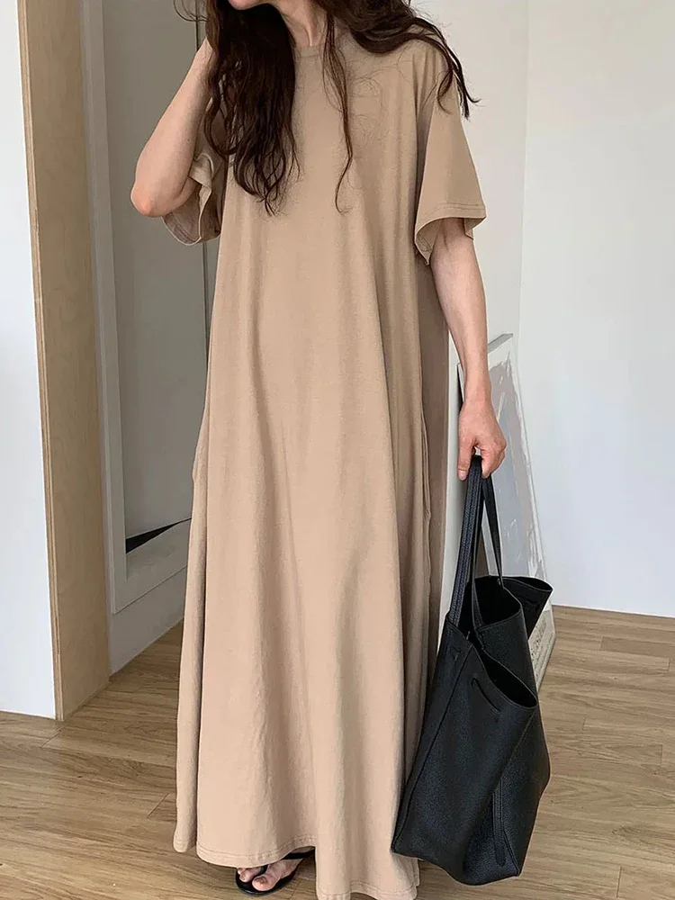 Summer Fashion Versatile Casual Women Short Sleeved T-shirt Dress Lazy Style Round Neck Solid Color Loose Fitting Women's Dress