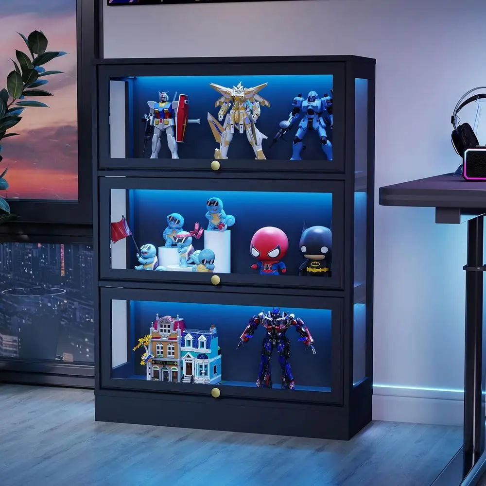 Display Cainet with Acrylic Glass Do,3-Tiers Curio Cainet with LED Lighting or Collectiles, Collectiles Toy Organizers Rack & Di