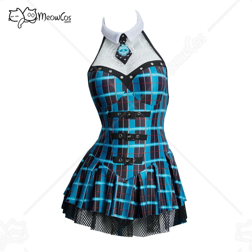 Meowcos.com Women's Swim Dress Bathing Suit Gothic Plaid Halter One-Piece Swimsuit Dress with Black Mesh Hem