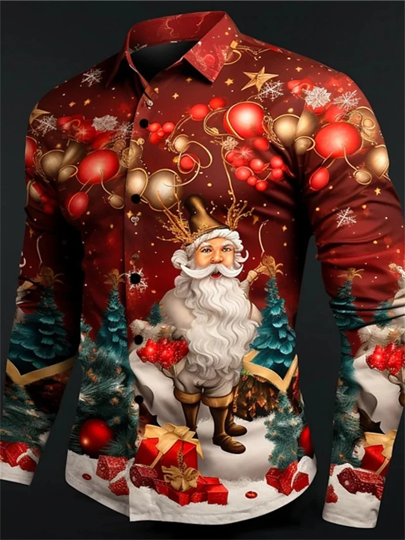 Natal dos homens Papai Noel 3D Imprimir Camisas de Manga Longa, Casual Daily Wear, Blusa de Abertura, Xmas Tees Top, Plus Size