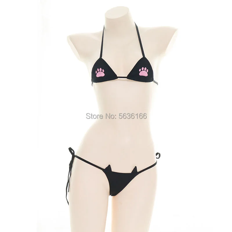 Sexy Bikini Small Cups SexyCute cat paw print Underwear suits Fit Wide Range of Sizes Cotton Black White Micro Lingerie