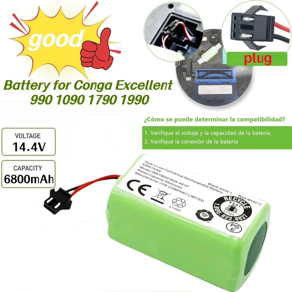 Original 14.4V 6800mAh Replacement Battery for Conga Excellent 990 1090 1790 1990 Deebot N79S N79 DN622 Robovac 11 Tesvor X500