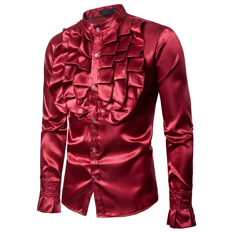 Satin Shirts Mens Slim Tuxedo Vampire Steampunk Gothic Dress Shirt Ruffled Medieval Shirt Halloween Wedding Costume Men Shirts