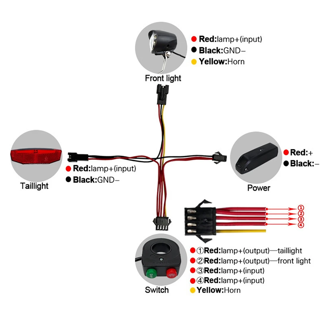 AU-Electric Bicycle Front Rear Light Set 12-72V Ebike Headlight Tail Light Connection Wires Kit Cycling E-Bike