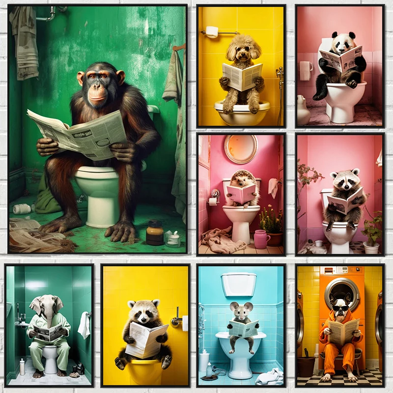 (2D Canvas Painting)  Chimpanzee Elephant Panda Animal Posters Print Funny Art Wall Picture Canvas Painting for Bathroom Toil