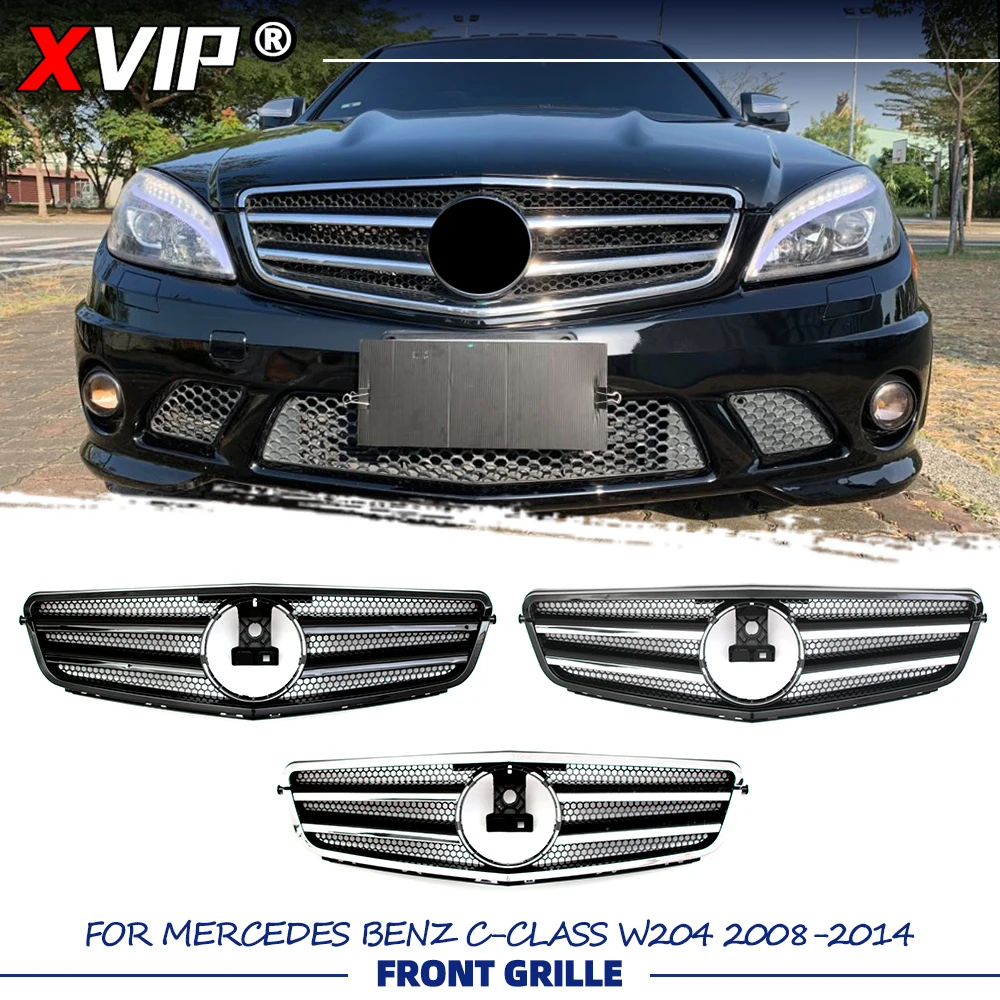 XVIP Glänzend schwarzer A-Style Racing-Kühlergrill Chrom-Stoßstangengrill für Mercedes Benz C-Klasse W204 08-14 C200 C230 C250 C280 C300 C350