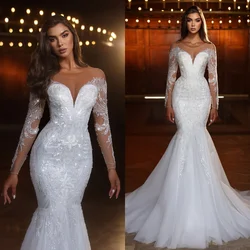 Customized Mermaid Wedding Dresses Long Sleeve Lace Appliqued Crystal Sequined Gorgeous Bridal Gowns Sweep Train robes de mariée