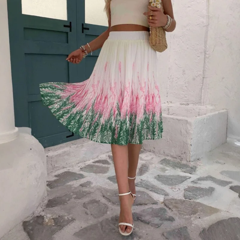

Летняя женская юбка с эластичной резинкой на талии и цветочным принтом, французская весенняя элегантная темпераментная юбка средней длины с морщинами, универсальная отпускная юбка