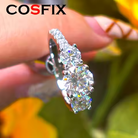 COSFIX Luxury 3 Stone Full Moissanite Ring for Women Double Halo Ring s925 Silver Plated 18K Lab Created Diamond Wedding Band
