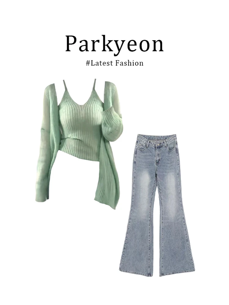 

Korean Style Spicy Girl Pure Desire Slim Fit Strap Knitted Cardigan Flared Jeans Two Piece Set Women Spring Fashion