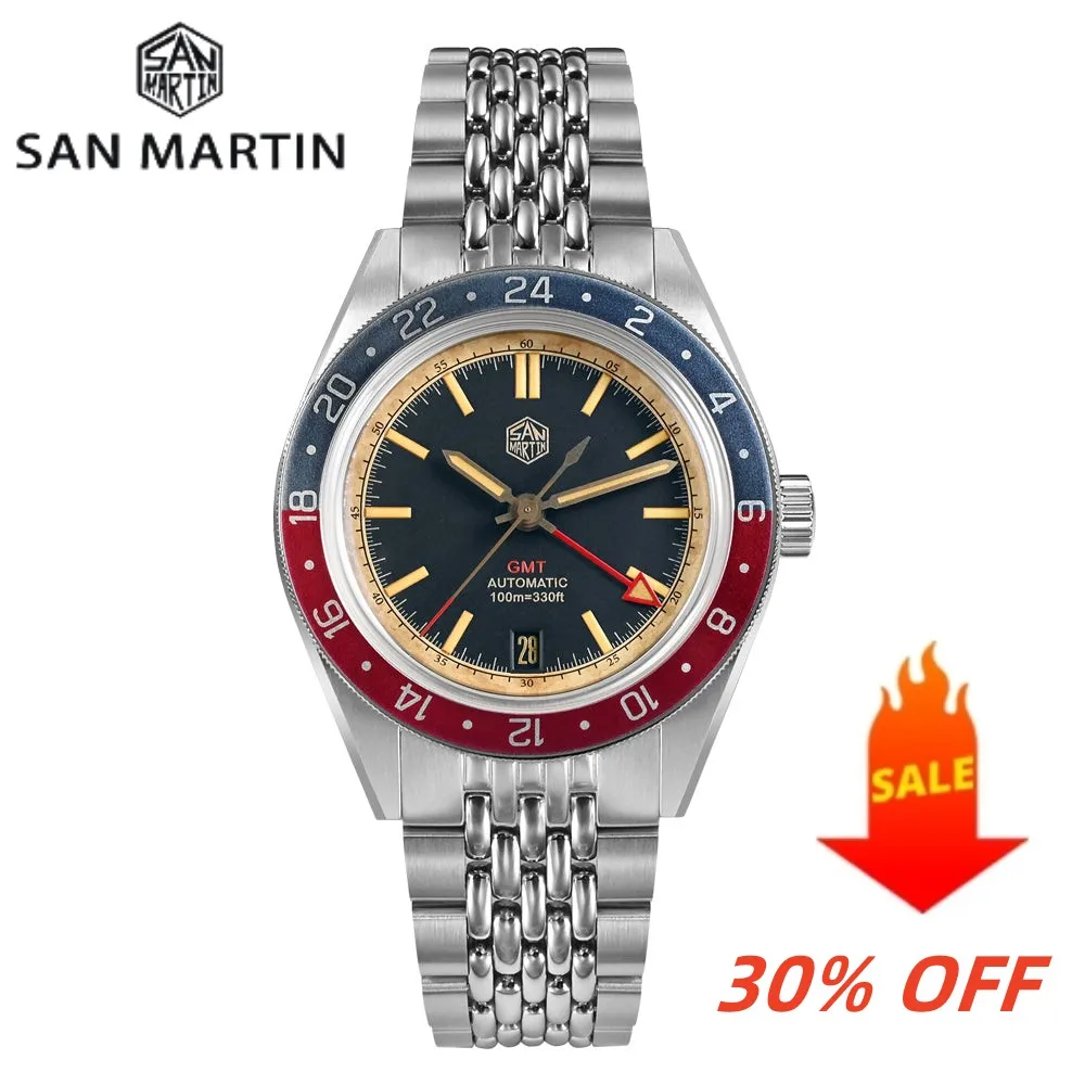 San Martin New Vintage Distressed Aluminum Bezel NH34 GMT Automatic Mechanical Retro Men\'s Watch Sapphire Waterproof 100m SN0116