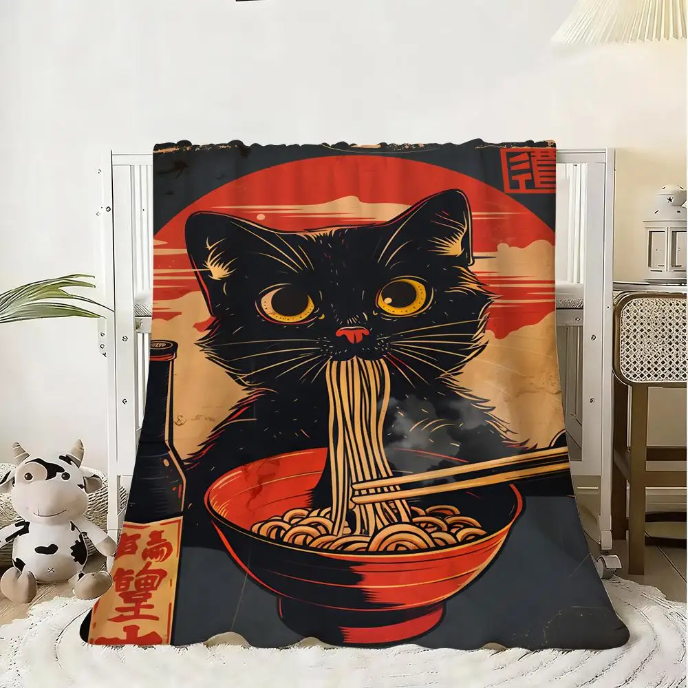 Black Cat Ramen Throw Soft Flannel Blanket Warm Knee Skin-Friendly Throw for Sofa Office Bed Traveling Winter Oversize