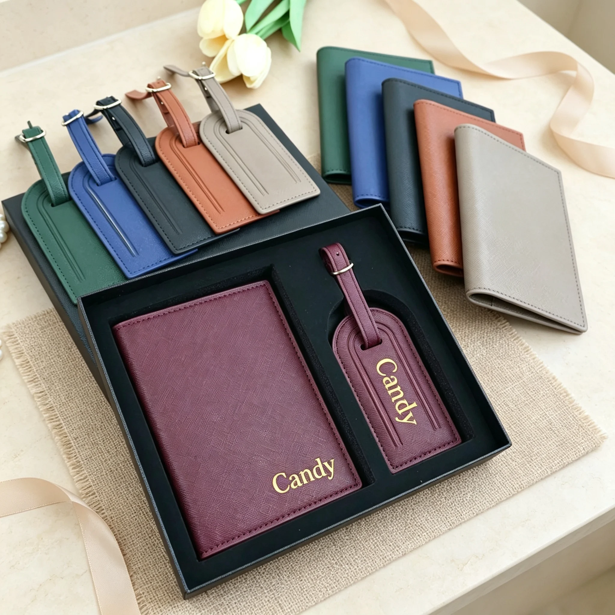 Customized Name Set, Unisex Safiano PU Leather Passport Holder and Luggage Tag Luxury Gift Box for Travel Gifts