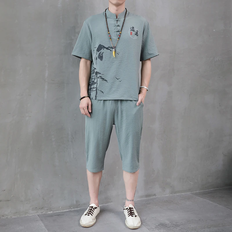 

Summer Cotton Linen ort Sve T-irt Men's Loose Stand Collar Buttoned Tang Suit Seven-Foot Pants Casual Sport Suit Set