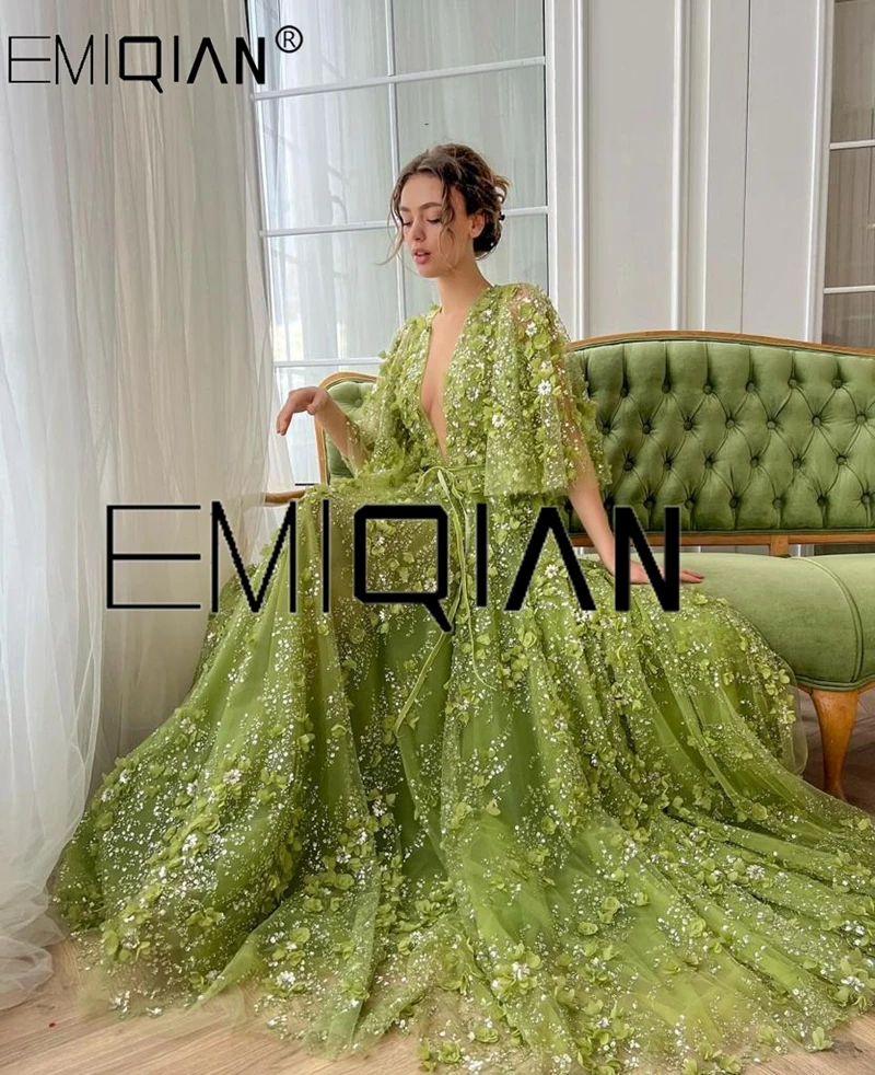 Said Dubai Luxury Sexy Plunging V-neck Green 3D Embroidered Flowers Evening Dresses for Women Wedding Party Gowns