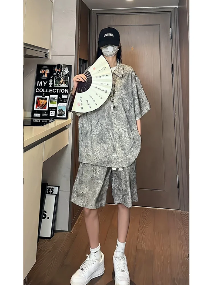 

New Chinese Sle Ice Silk ort Sve irt Thin Summer Set Men's Faionable Printed Button down Loose Fit Youthful irt