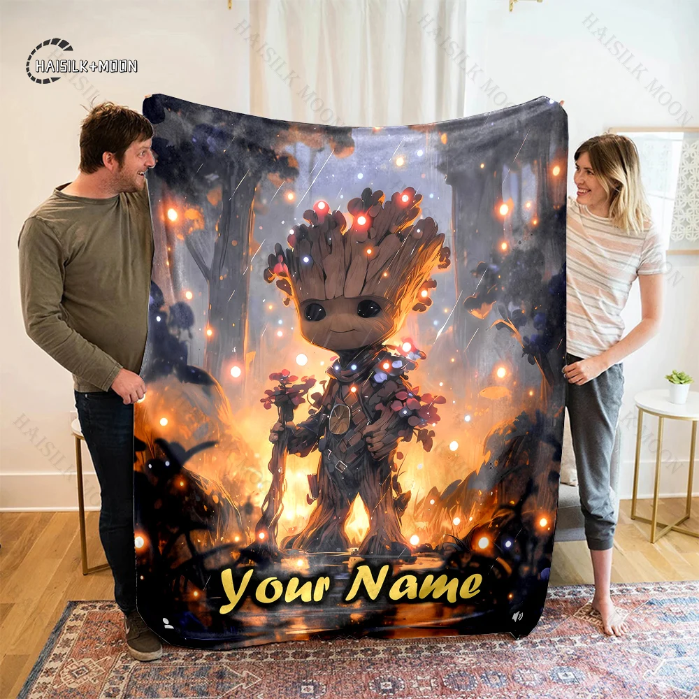 Custom Name Personalized Blanket Marvel Groot Fluffy Soft Flannel Sofa Adult Blanket Office Lunch Break Blanket Kid Gift