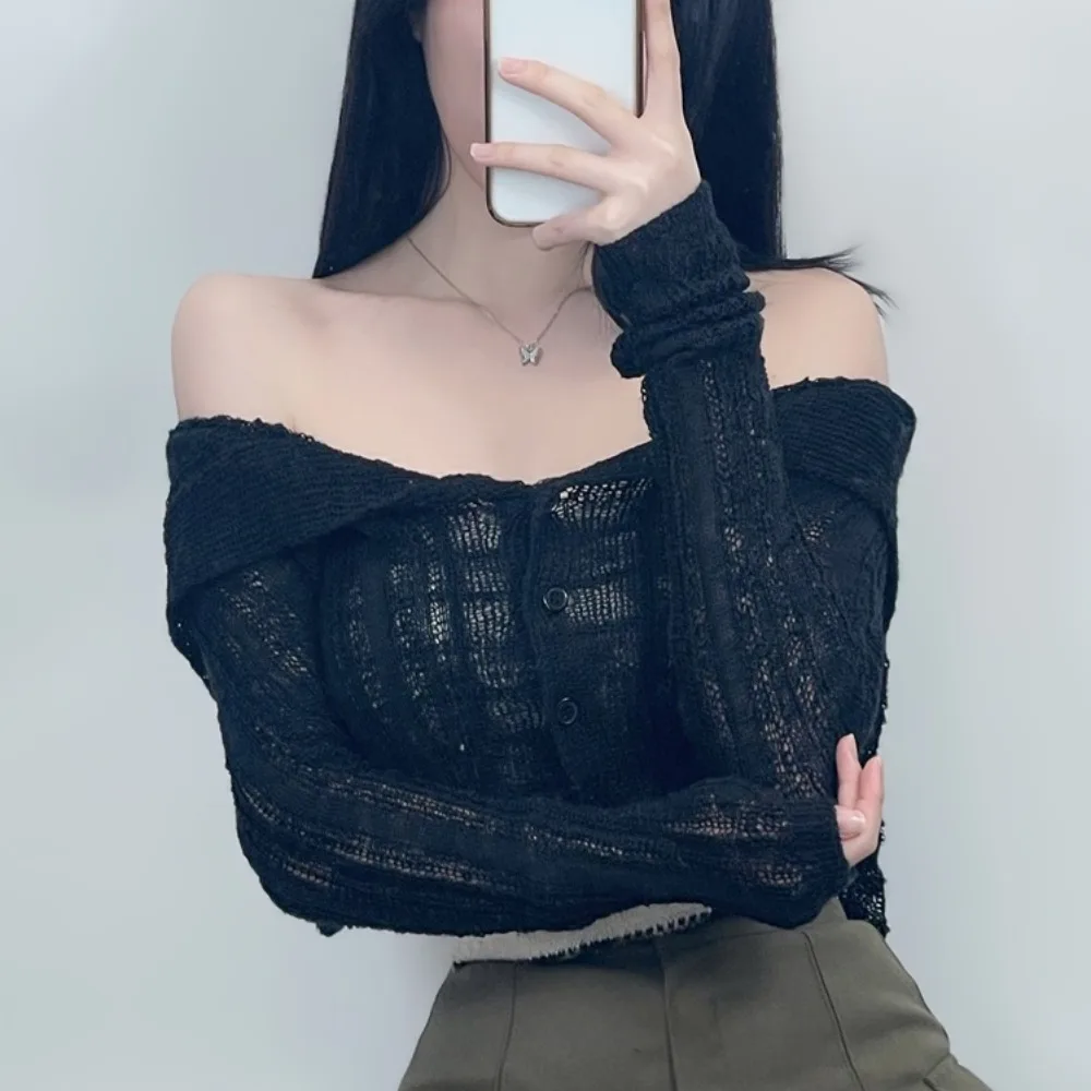 Chic Spring Navy Collar Open Cardigan Slim Sexy Long Sve Thin Knitted Sweater Jaet Top Polyester Fiber 00% Women's Faion
