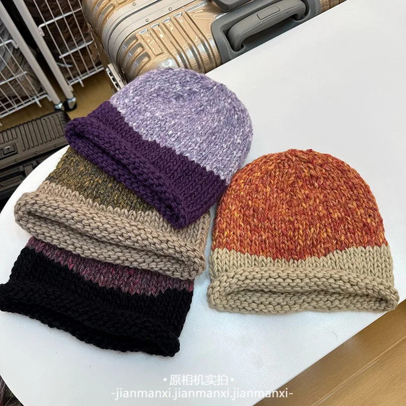 Japan Style Collision Curl Edge Woolen Beanie Cap Female Autumn and Winter New Korean Retro Show Face Small Knitted Cold Hat