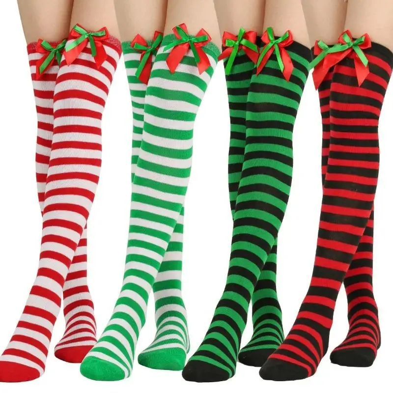 2Pairs Christmas Bow Trim Stocking Red Green Striped Women Over Knee Thigh High Socks for Xmas Party Cosplay JK Long Sock