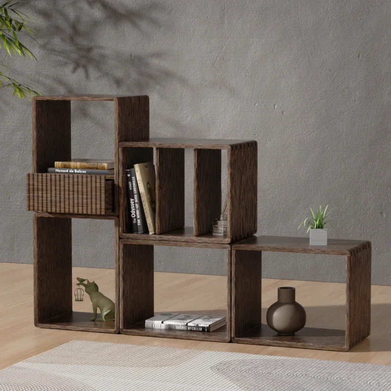 Pure solid wood rattan free combination bookshelf floor shelf living room display shelf