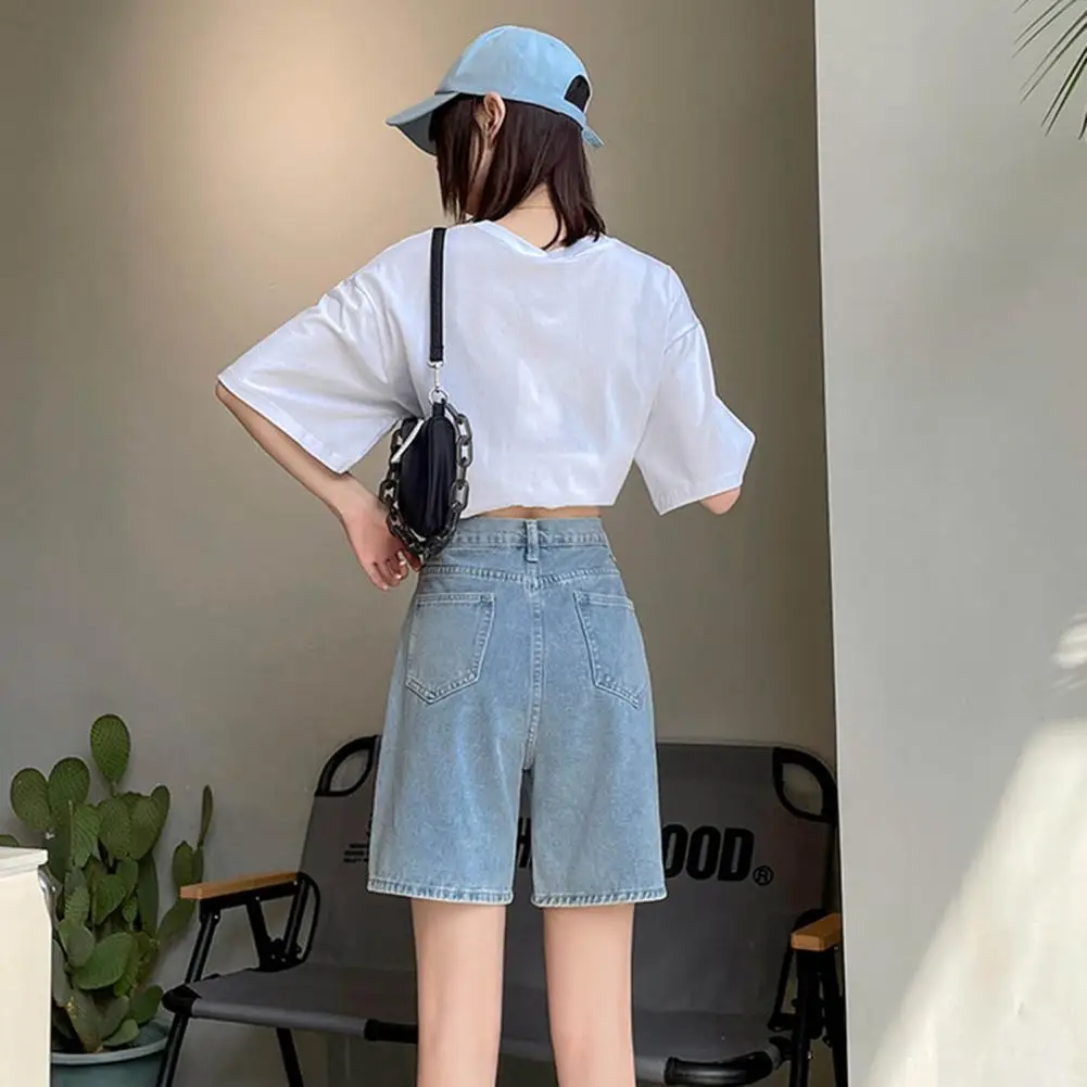 Women Knee Length Jeans Straight High Waist Zipper Button Closure Retro Pockets Loose Lady Denim Shorts Casual Short Pants