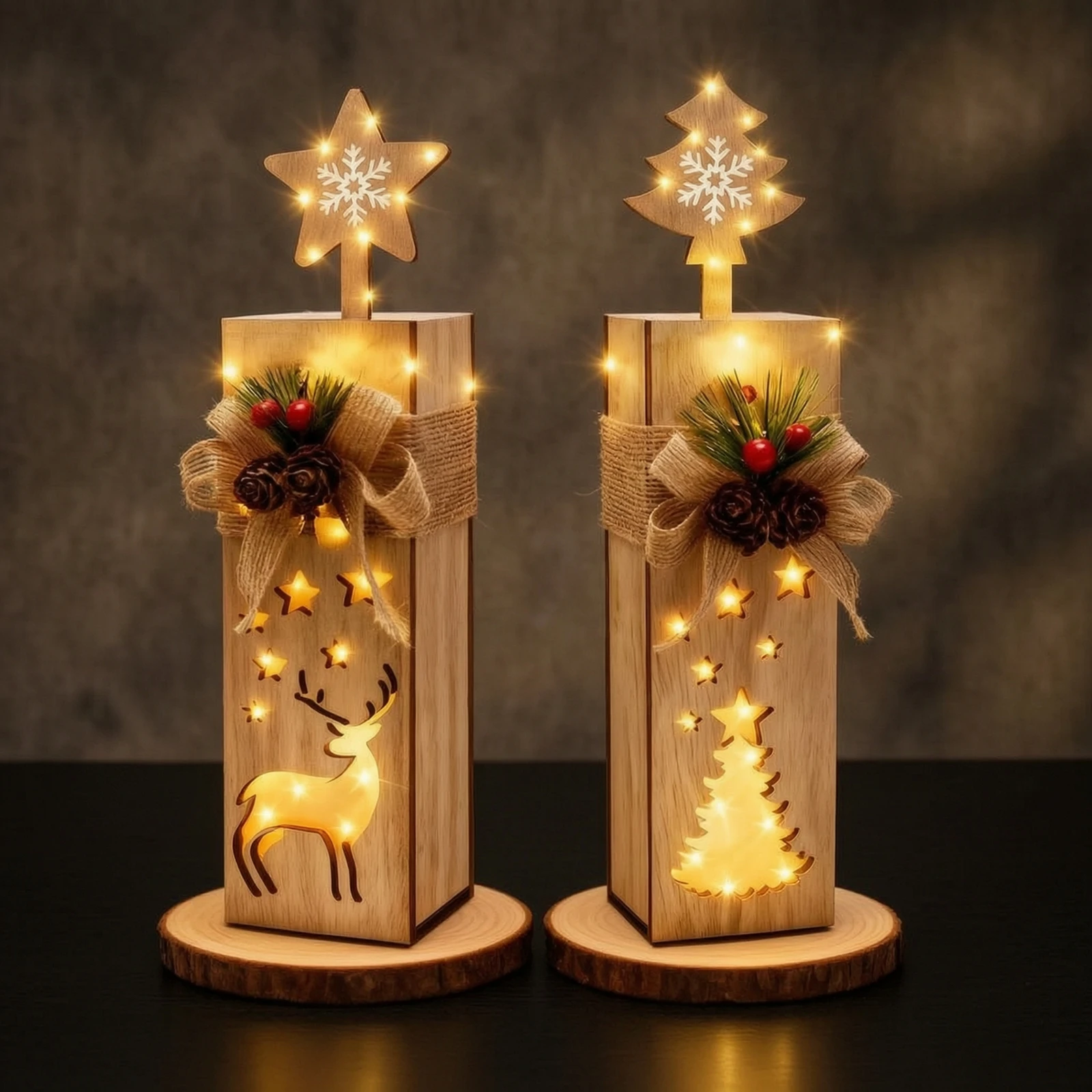 2 Pieces Wooden Christmas Light Rustic Christmas Light with Star Topper Table Decoration Warm-Glowing Desktop Ornament Lighted
