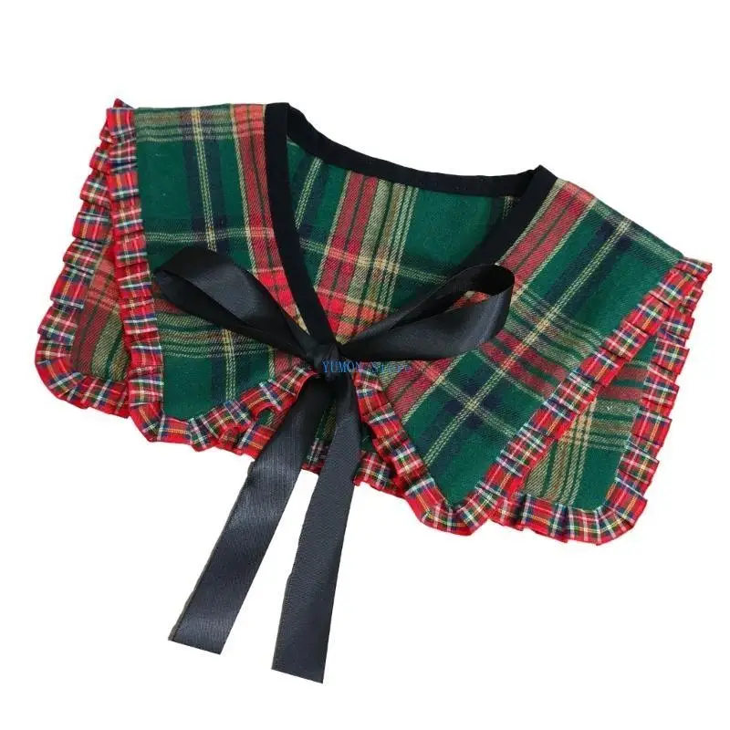 

D0UD Women Vintage Plaids Print False Collar Ruffle Trim Elegant Bows Tie Shawl Wrap