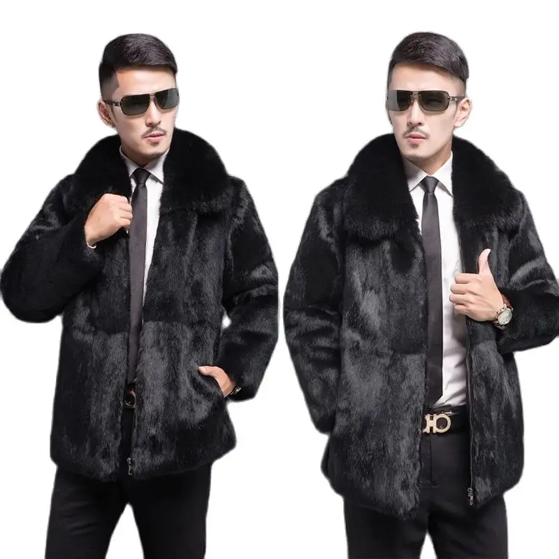 Natural Whole Skin Rex Rabbit Fur Coat With rabbit fur Collar Warm For Men's Rex Rabbit Fur Coats Real Fur Jackets Mens Coats