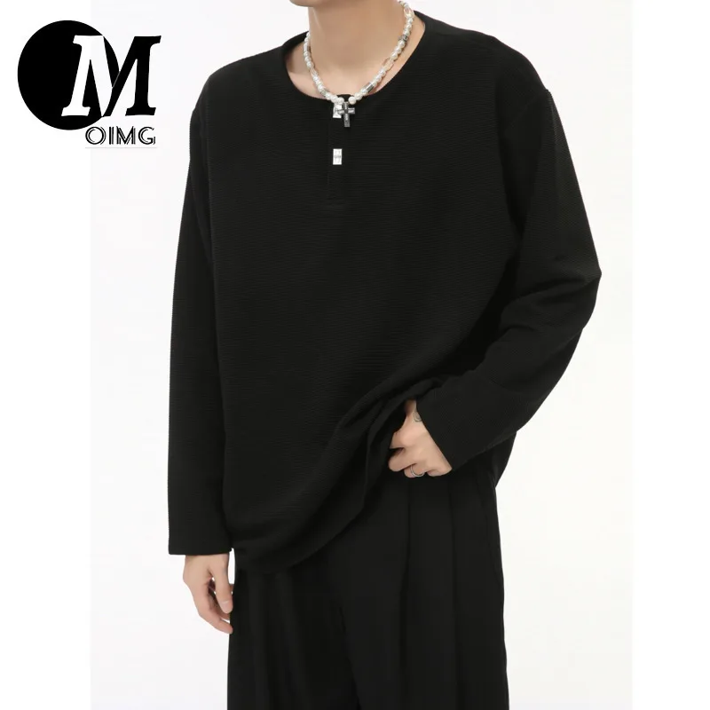 [OIMG] 2025 Autumn New Product Simple Metal Buckle Half Open Round Collar Pullover Loose T-shirt