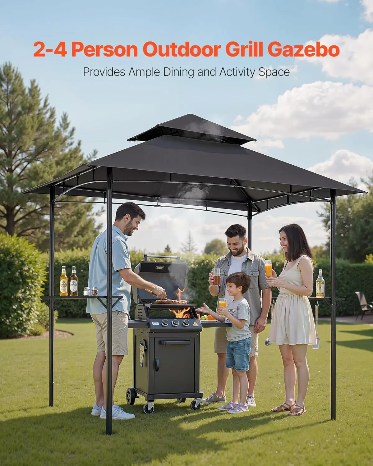 8 x 5 ft Outdoor BBQ Gazebo for Patio, Backyard, Garden - Powder-Coated Steel, Double-Tiered Roof, with Shelves and Hooks