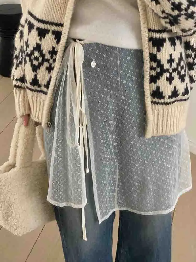 Dongdaemun Floral Lace Skirt Women's Autumn Winter Layered Wear Apron Butt Covering Curtain Belted Half-length Skirt Cover