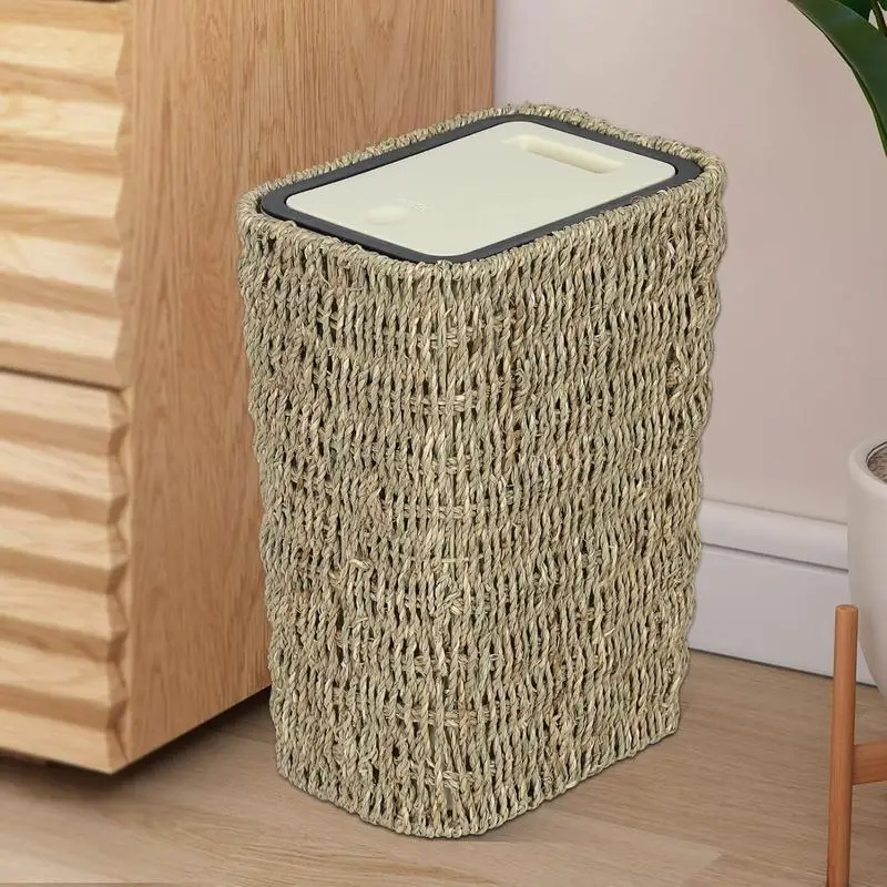 

Boho Small Trash Can with Lid, 2.6 Gallon Rattan Waste Basket, Slim Wicker Bin for Bathroom & Kitchen, Seagrass Woven Garbage
