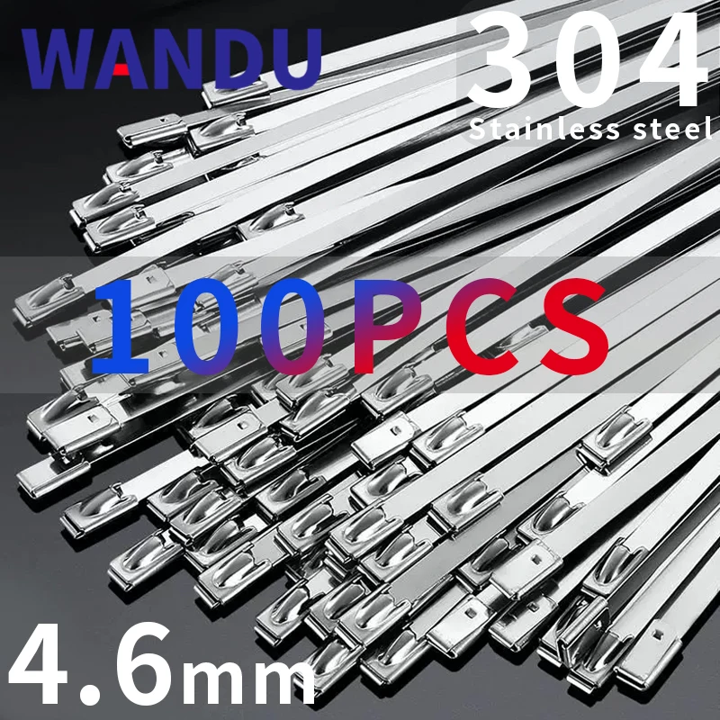 100/10Pcs Wandu 304 Stainless Steel Cable Ties 4.6mm Heavy Duty Self-Locking Cable Zip Tie Multi-Purpose Metal Exhaust Wrap