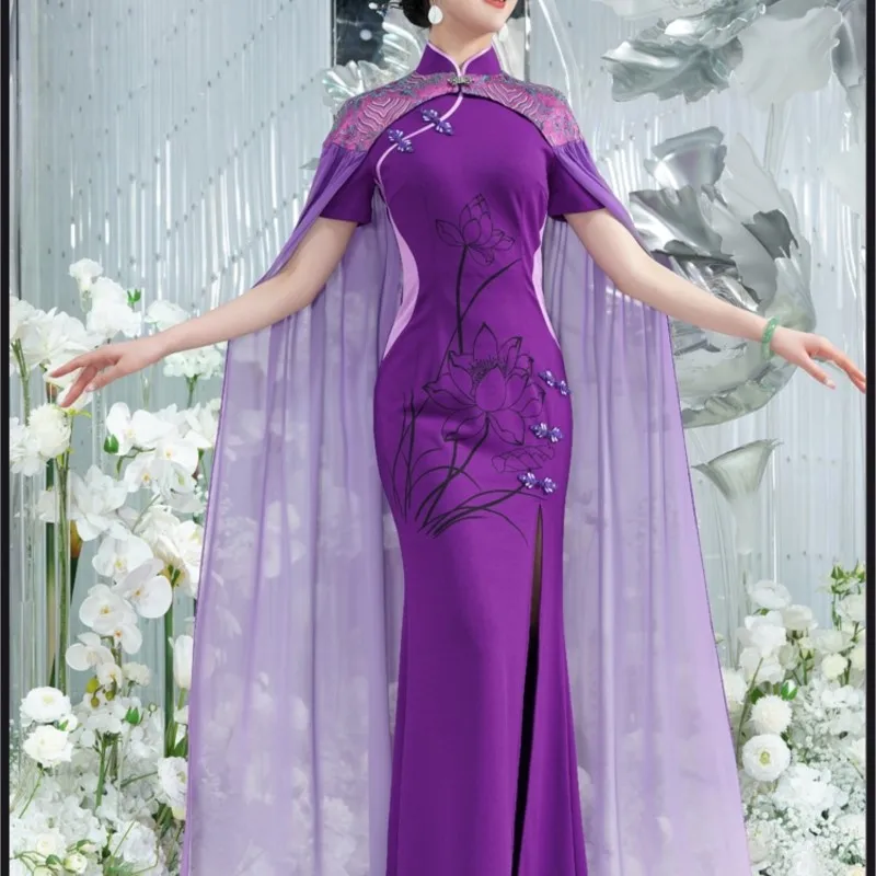 The new elastic, non-ironing purple shawl can be detachable two-piece catwalk cheongsam