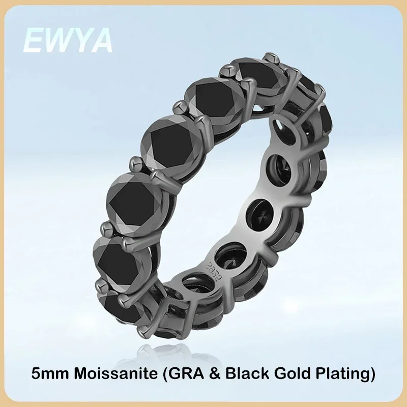 EWYA Luxury 7cttw 5mm Full Eternity Black Moissanite Diamond Ring For Women Men S925 Silver Plated 18K Black Gold Band Rings