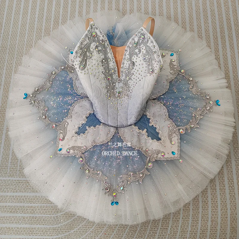 Womens Thin Strap V Neck Ballet Tutu Performance Dress Silver Scroll Color Rhinestone Embroidery Six Petal Flower Trim Light Blu