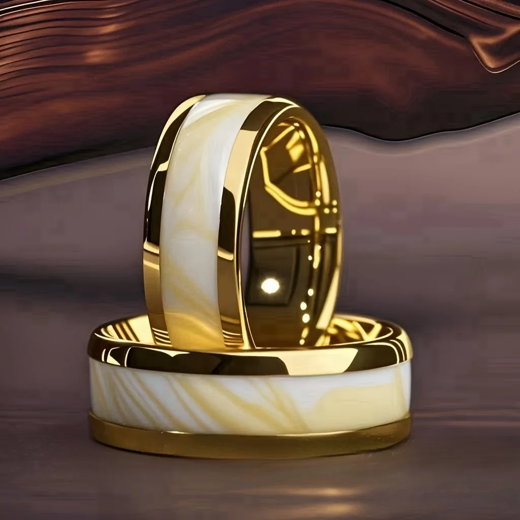 8MM Fashion Gold Color Men Stainless Steel Rings Unique Stone Inlay Engagement Wedding Band Jewelry Party Ring Accessories Gift