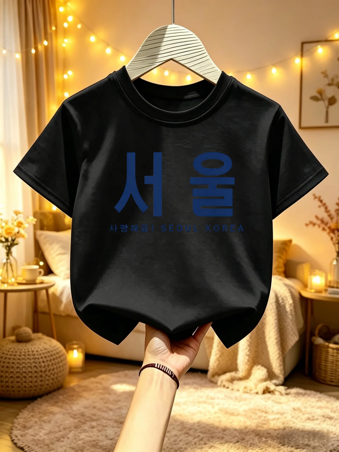Family Matching T Shirt Seoul Korea Hangul Text Graphic Print Short Sleeve Cotton Tee For Boys Girls Kids Daily Casual Wear