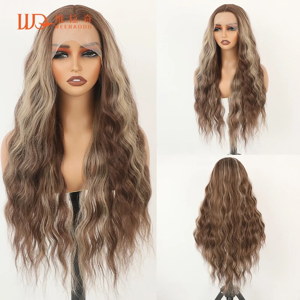 28-chocolate-brown-blonde-highlights-water-wave-13x4-lace-front-wig-150-density-glueless-heat-resistant-synthetic-wavy-wig