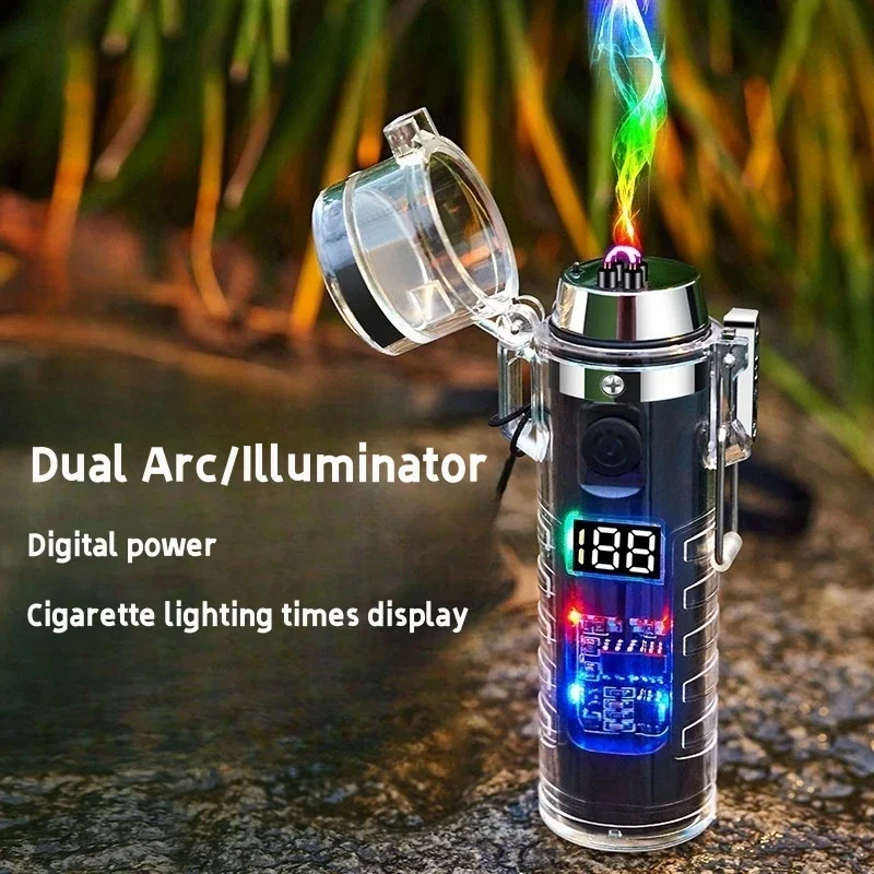 

Outdoor Waterproof Lighting Lighter Electronic Dual Arc Lighter with Compass Multi-Function Flashlight Survival Ignition Tool