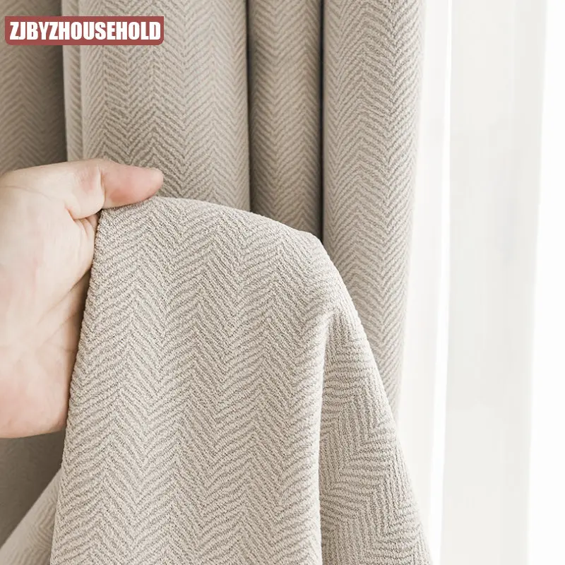 

Chenille Herringbone Curtains Living Room Bedroom Pattern Japanese Cotton Linen Blackout Beige Simple Modern Window Tulle Custom