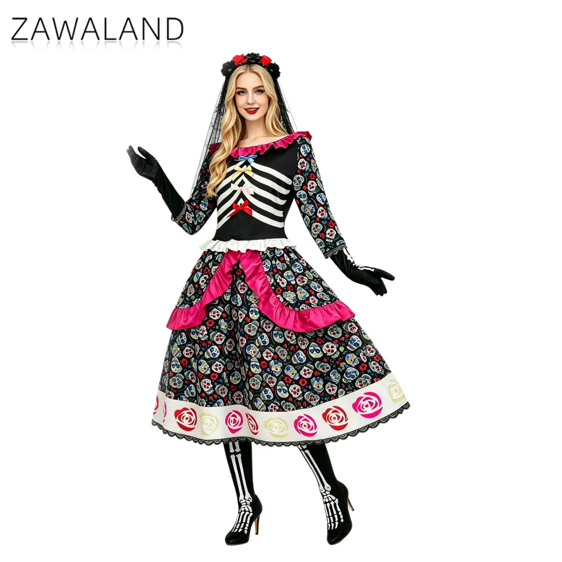 Disfraz de Calavera de Azúcar del Día de Muertos para Mujer, Conjunto de Guantes, Disfraz Mexicano para el Día de los Muertos, Halloween, Cosplay