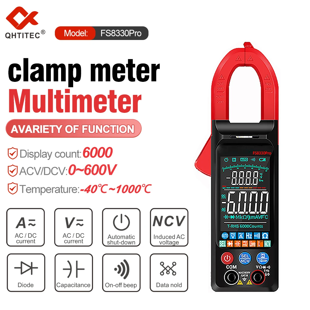 Qhttec – multimètre à pince numérique, 6000 points, courant DC/AC, 400a, grand écran couleur, testeur de tension Hz NCV