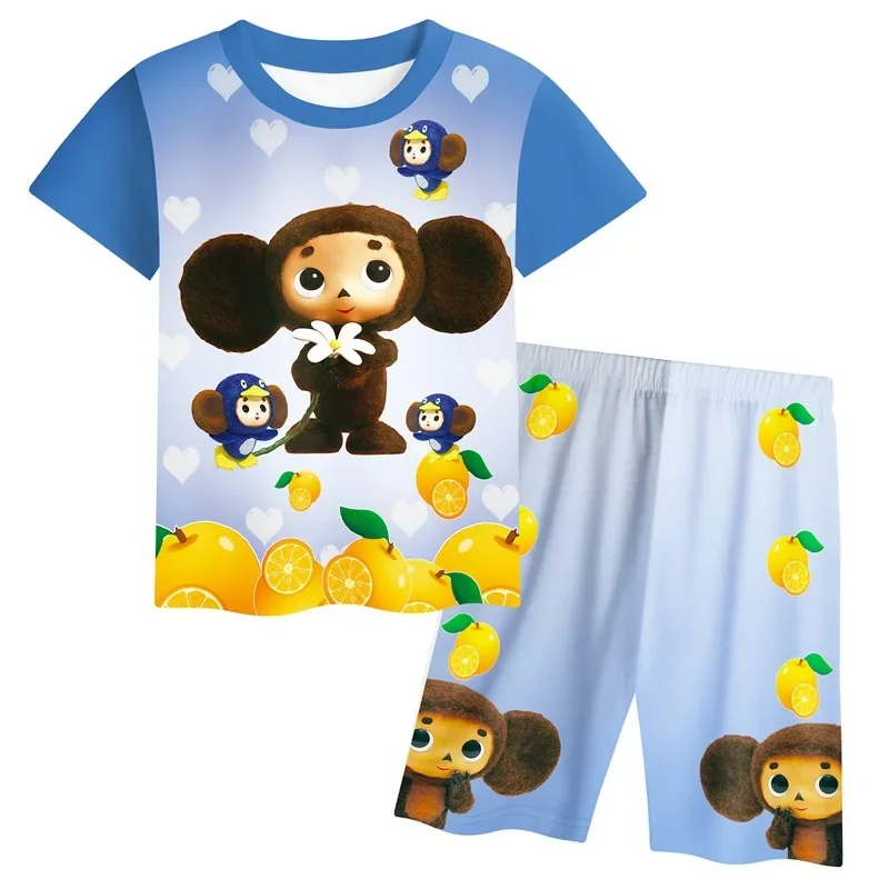 Conjunto de camiseta e shorts Cheburashka Monkey para meninos e meninas, top infantil 3D estampado, roupas infantis, loungewear de verão, terno de aniversário